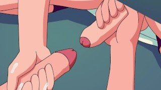 Dos colegiales hentai se pajean la polla en el baño del colegio